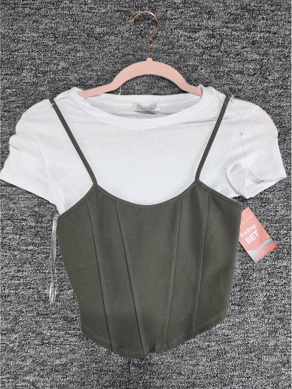 Haley & June Women's White Tee & Green Spaghetti Strap Cami Set S Knit
